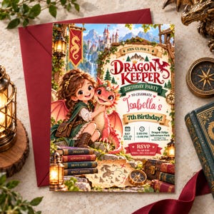 Puede incluir: Una invitación de cumpleaños rectangular con un personaje de dibujos animados de pelo castaño y un pequeño dragón rojo. El texto dice Dragon Keeper Birthday Party para celebrar el 7º cumpleaños de Isabella, con detalles, mapa y RSVP.