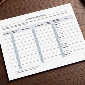 May include: A white paper worksheet titled Collection Expansion Log with columns for date added, product number, product title, reason added, binder assigned, integrated into master index with yes or no checkboxes, and notes, marked Meridian Cove.