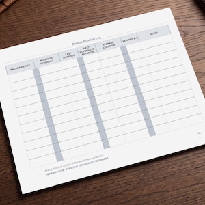 May include: A white paper sheet featuring a Backup Rotation Log table with columns for Backup Device, Rotation Schedule, Last Rotation, Next Scheduled Rotation, Storage Location, Verified By, and Notes. Text at the bottom reads Meridian Cove.