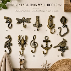 Solid Cast Iron Animal Hooks | Antique Brass Finish, Rustic Vintage Style
