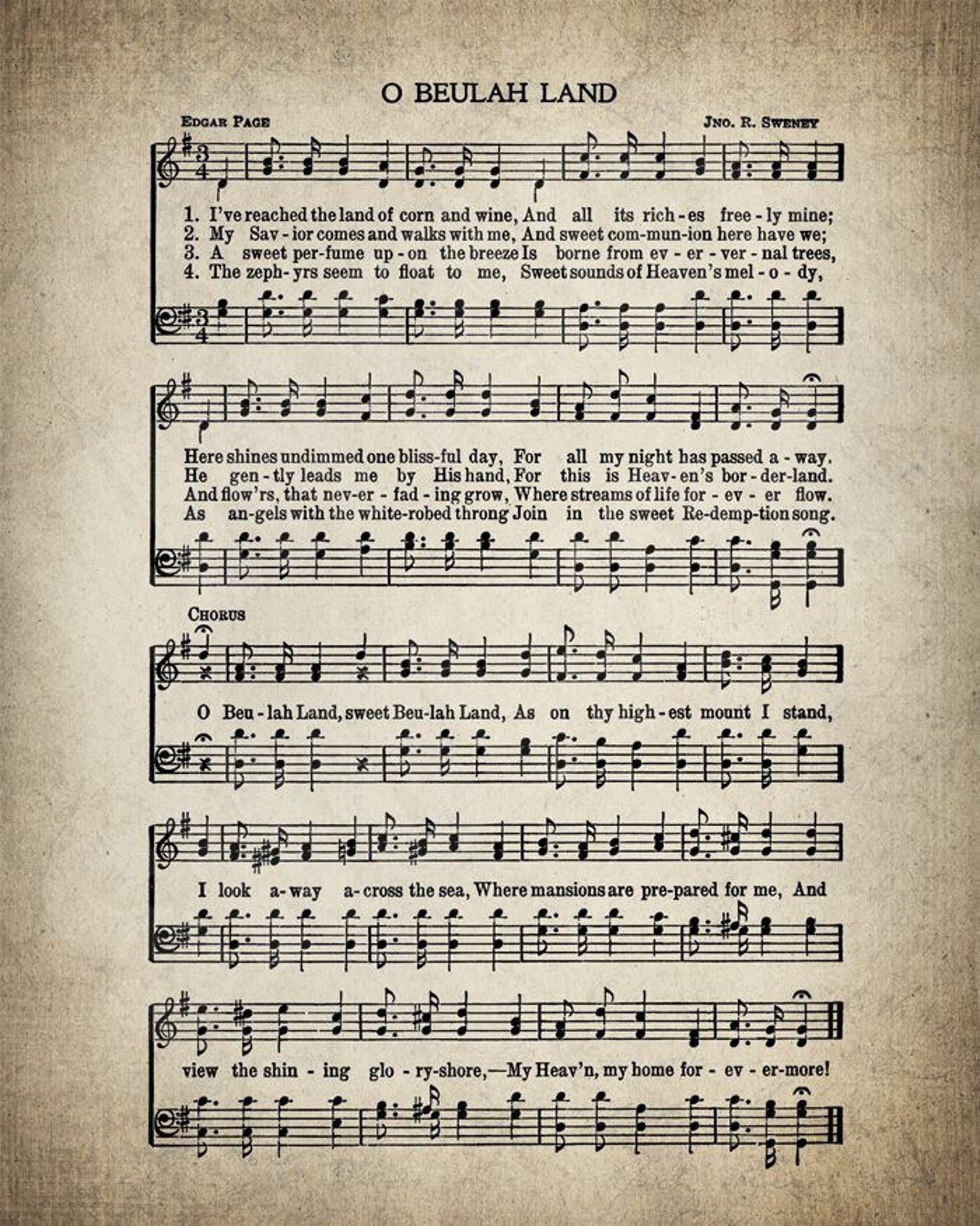 O Beulah Land Hymn Print Sheet Music Art Hymn Art Hymnal Etsy