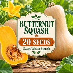 Może przedstawiać: Opakowanie 20 nasion dyni piżmowej z etykietą o treści "BUTTERNUT SQUASH 20 SEEDS Sweet Winter Squash". Obraz przedstawia całą dynię piżmową w kolorze beżowym, przekrojoną na pół dynię z pomarańczowym miąższem oraz rozsypane nasiona.