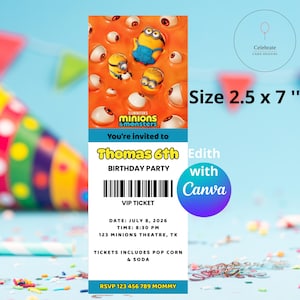 Puede incluir: Un boleto de invitación rectangular para fiesta de cumpleaños que mide 6,35 x 17,78 cm. La parte superior presenta personajes Minions sobre un fondo naranja con globos oculares. La sección blanca inferior incluye texto para Thomas 6th Birthday Party.