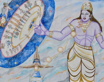Lord Vishnu and Ezekiel's Wheel, Hindu and Christian astral dream painting. Original acrylic painting.