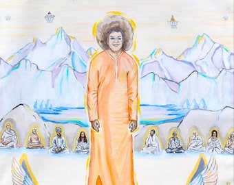 Sathya Sai Baba, Hindu Saints, Giclee Unique Art print &quot;Glimpses of Heaven&quot;