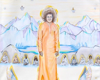 Sathya Sai Baba and Hindu Saints in Kailash, unique painting, original acrylic on canvas, Unique one of a kind painting
