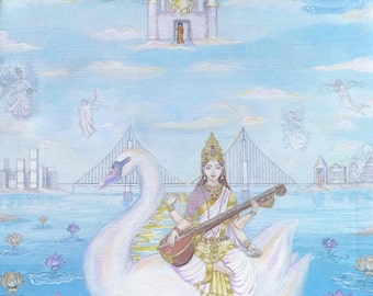 Goddess painting Saraswati, unique canvas art print, "Ave Saraswati"