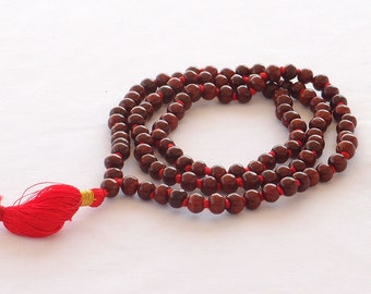 Rosewood Mala, Prayer beads. All Faiths, hand knotted, grade A + brocade mala bag, Free USA ship