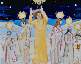 Sathya Sai Baba, "Suns of God" All faiths, Jesus, Buddha, Zoroaster, Mohammed, Moses original acrylic painting on canvas, Unique.