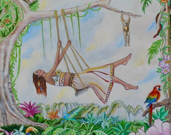 Woman on a swing, Rainforest Giclee Art Print,  Jungle Animals, "One with the Rainforest"