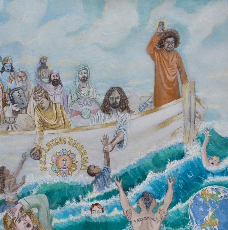 GICLEE CANVAS PRINT Sathya Sai Baba: S.S.S. Sarva Dharma Unity of Faiths image 1