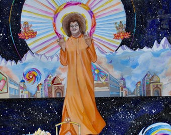 Sathya Sai Baba, selling paintings online, art painting canvas &quot;Sai Trimurthi&quot;