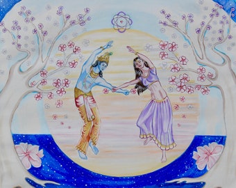 Lord Krishna and Radha Art, Original Acrylic Painting, "The Beauty Dance"