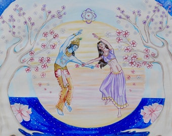 Lord Krishna and Radha painting. Original acrylic on canvas. Beautiful art "The Beauty Dance"