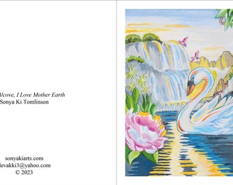 Swan painting fine art greeting card, "Swan Alcove, I Love Mother Earth"