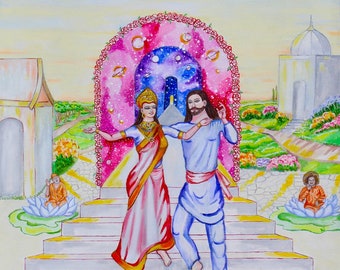 Sathya Sai Baba, selling paintings online, art painting canvas "Prema Sai and Vaishnodevi" Unique one of a kind painting