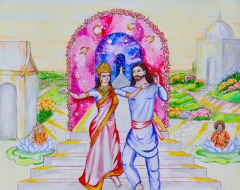 Sathya Sai Baba, selling paintings online, art painting canvas "Prema Sai and Vaishnodevi"