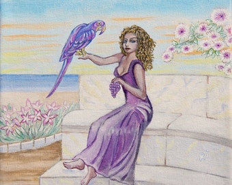 Half black Island girl with her purple parrot. Paintings for sale. "Purple Parrot"