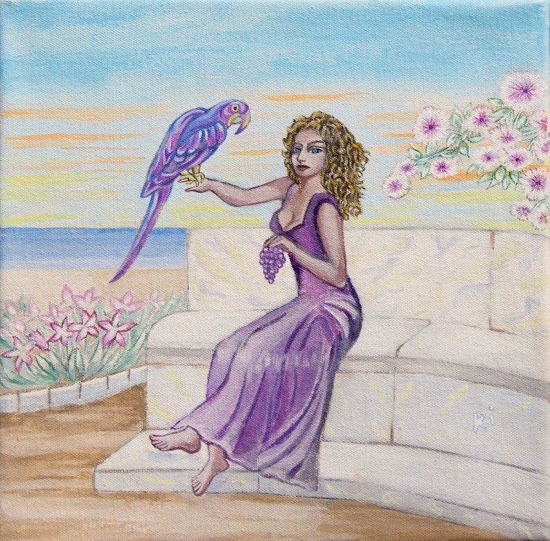Half black Island girl with her purple parrot. Paintings for sale. Purple Parrot image 1