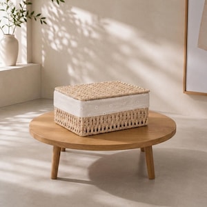 May include: A rectangular storage basket crafted from woven light brown natural fibres, featuring a matching lid and a wide band of off-white fabric around the centre. The fabric band is decorated with a repeating pattern of small, embroidered white flowers.