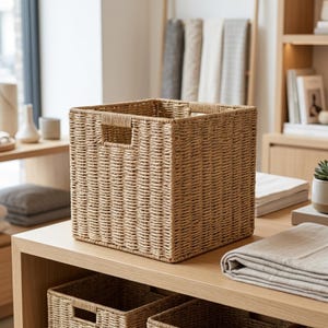 May include: A square storage basket made of woven light brown natural fibers. The basket features a structured design with integrated rectangular handles on the sides, showcasing a consistent, tight weave pattern throughout the exterior walls.