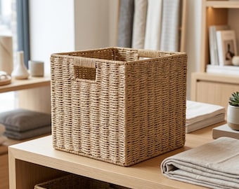 Panier de rangement cubique en rotin fait main – Organisateur de jouets et de vêtements en osier écologique