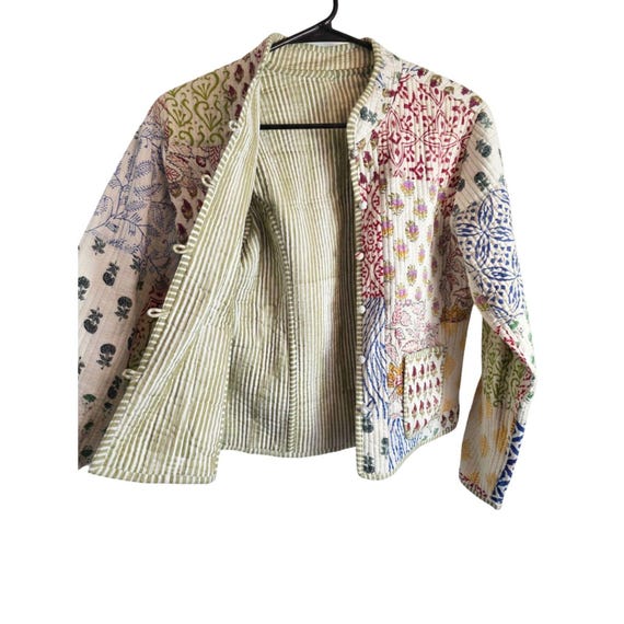 Vintage Handmade Kantha Quilt Patchwork Jacket Reversible Boho Cotton Artisan M