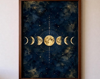 Celestial Moon Phases Wall Art, Navy Gold Lunar Cycle Print (Digital Download)
