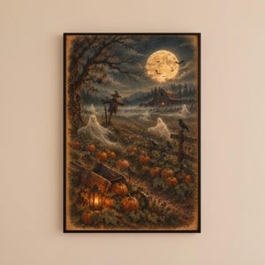 Vintage-Geisterkürbis-Druck: Stimmungsvolle Herbst-Vogelscheuchen-Bauernhausdekoration (Digitaler Download)
