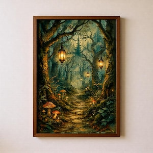 May include: A framed wall art print depicting a dark, dense forest path at twilight. The scene features glowing lanterns hanging from tree branches, illuminating a dirt trail surrounded by mossy ground and various red-capped mushrooms.