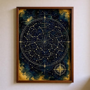 May include: A framed celestial map featuring a dark blue and gold watercolor background with a central circular star chart and constellations connected by thin gold lines. A gold compass rose is positioned in the bottom right corner of the print.