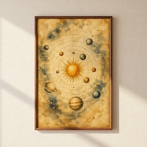 May include: A framed wall art print featuring a watercolor illustration of a heliocentric solar system. The central sun is surrounded by concentric orbital lines and various planets, including a ringed planet, set against a textured, aged parchment-colored background with blue and brown nebula-like washes.