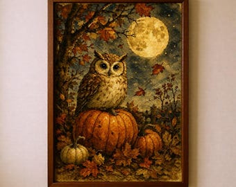 May include: A framed wall art print featuring a brown owl perched on a large orange pumpkin. The scene includes a full moon in a dark sky, autumn leaves, and a smaller pumpkin in the foreground, all rendered in a warm, detailed painterly style.
