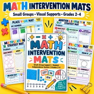 May include: A set of educational math intervention mats for grades 2-4, featuring colorful worksheets for place value, addition, subtraction, multiplication, and fractions. The mats include visual supports, number lines, and graphic organizers.