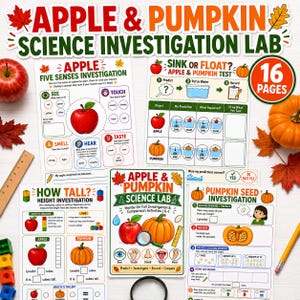 Manzana y calabaza, material imprimible para laboratorio de ciencias, actividades de otoño para los cinco sentidos, investigación sobre si las semillas se hunden o flotan (K-1).