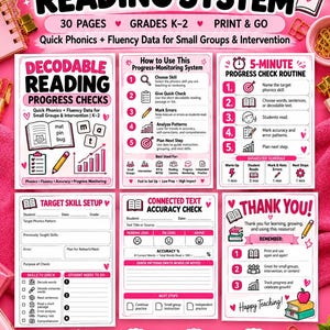 May include: A Decodable Reading System educational resource set featuring 30 pages of phonics and fluency progress checks for grades K-2. The printable materials include progress monitoring sheets, skill setup forms, and a 5-minute check routine.