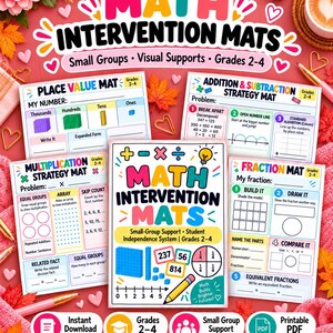 May include: A set of colorful Math Intervention Mats for grades 2-4, featuring a central cover sheet and four instructional mats for place value, addition and subtraction, multiplication, and fractions, all displayed with educational text and graphics.