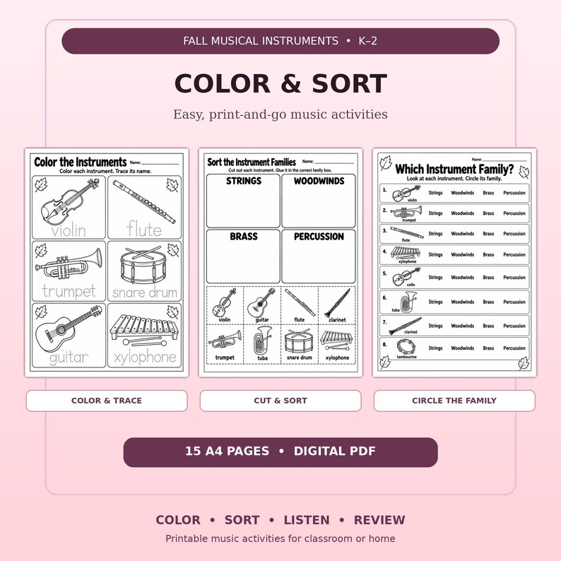 Musical Instruments Worksheet Color Fall Printablesfall Music Worksheets for Kids, Musical Instruments ...