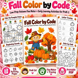 Puede incluir: Una colección de hojas de actividades educativas Fall Color by Code para estudiantes de preescolar y primer grado. Las páginas incluyen ilustraciones con temática otoñal que muestran un espantapájaros, calabazas, una ardilla y hojas.