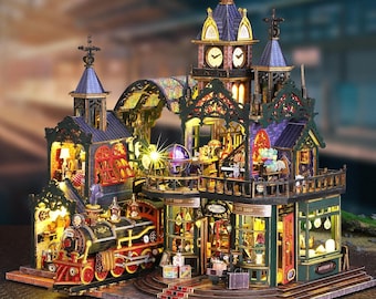 Miniatuurpakket Steampunk-treinstation, houten 3D-puzzel, muziekverlichting, Victoriaans-gotisch decor