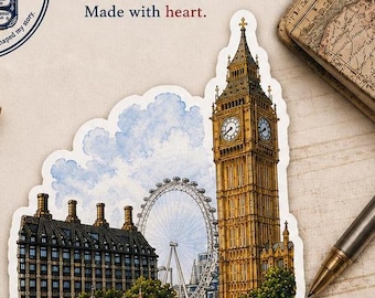 Big Ben & London Eye Sticker – London England Travel Sticker, Vintage Vinyl Sticker, Waterproof Laptop Sticker, Travel Keepsake Gift