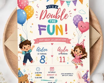 Invitación de cumpleaños doble editable para 2 niños, invitación de cumpleaños conjunta, invitación de cumpleaños para hermanos, plantilla de Canva para niño y niña