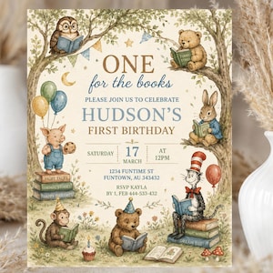 Storybook First Birthday Invitation, Book Theme Birthday Invite, Editable Canva Invitation, Library Theme Party, First Birthday