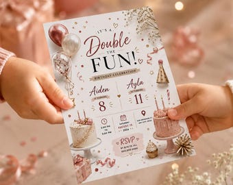 Invitación de cumpleaños doble, invitación de cumpleaños conjunta, fiesta para hermanos (niño y niña), plantilla editable de Canva