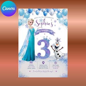 Può includere: Un biglietto d'invito per compleanno con un personaggio biondo in abito blu, un pupazzo di neve e il testo: JOIN US TO CELEBRATE Sophia's 3RD BIRTHDAY! Il design include palloncini blu e bianchi, fiocchi di neve, un grande numero 3 viola e i dettagli.