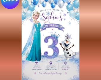 Invito di compleanno di Frozen per il terzo compleanno (modificabile), Invito di compleanno di Frozen, Invito per la festa di Elsa e Anna, Invito di compleanno da principessa per bambina, Modello Canva