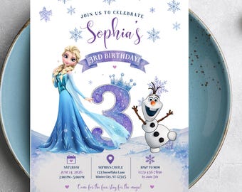 Invitación de cumpleaños número 3 de Frozen, plantilla editable de Canva, invitación para fiesta de cumpleaños de Elsa y Anna, invitación para fiesta de Frozen para niña, descarga digital.