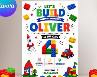 Invitación de cumpleaños con temática de bloques de construcción, invitación para fiesta de ladrillos, invitación de cumpleaños infantil con temática de bloques de construcción, plantilla de Canva, descarga digital.