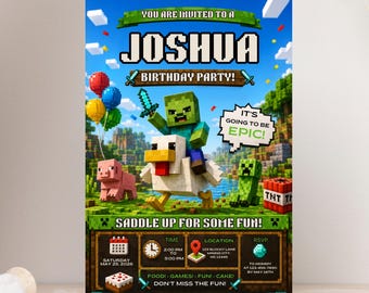 Invitación de cumpleaños de Mine Gaming Chicken Jockey, invitación personalizada de Pixel Craft, plantilla editable de juego de píxeles, Canva (descarga digital)