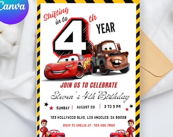 Invitación de cumpleaños de Lightning McQueen para el 4.º cumpleaños, invitación de cumpleaños con temática de Cars, invitación a fiesta de Need for Speed, plantilla editable de Canva, acceso instantáneo.